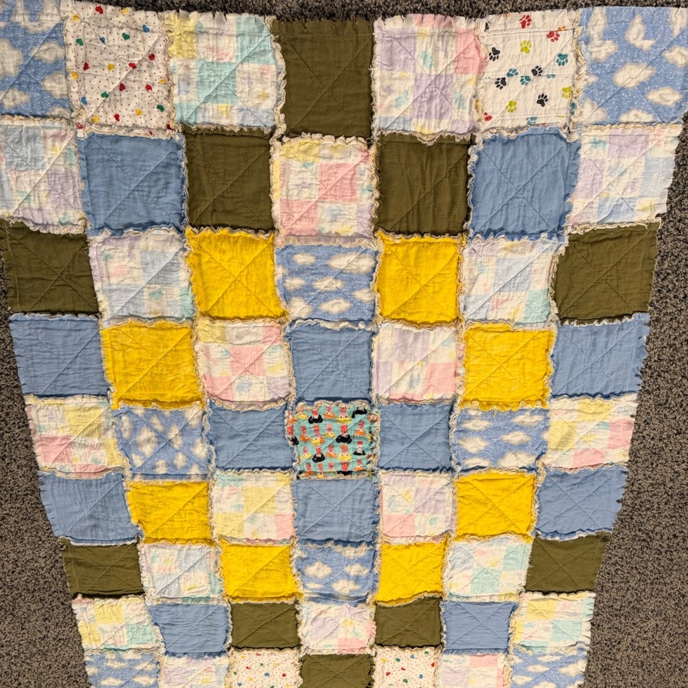 Handmade Patchwork Rag Quilt Blanket Nursery Toddler Blue Yellow Olive 53" x 40"